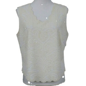 Dressbarn White Beaded Embellished Scalloped Scoop Neck Sleeveless Top